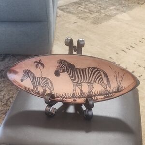 Wood Hand-painted Artisan Zebra Motif Oval Bowl.